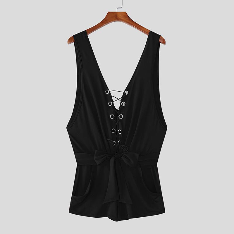 

INCERUN Mens Deep V Neck Lace-up Belt Short Jumpsuits Romper Home Wear S чорний