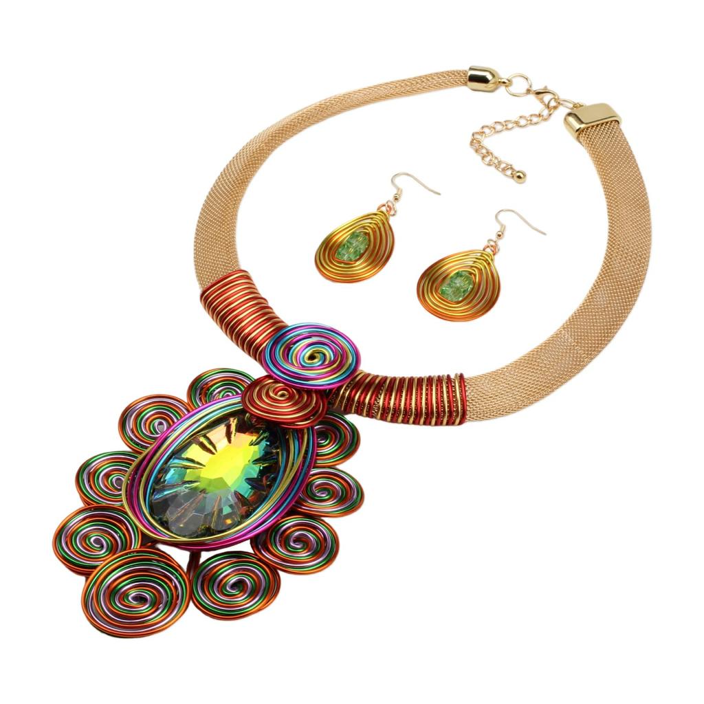Crystal Pendant Necklace Earrings for Women Chunky Statement Flower Festival Ethnic Tribal Jewelry Accessories