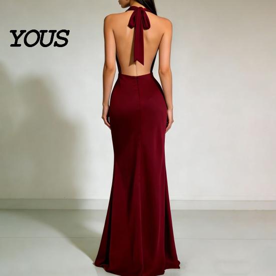 Party Dress Casual Women Sexy Backless Maxi Dress, Deep V Neck Sleeveless Versatile Halter Satin Long Formal Evening Mermaid Gown