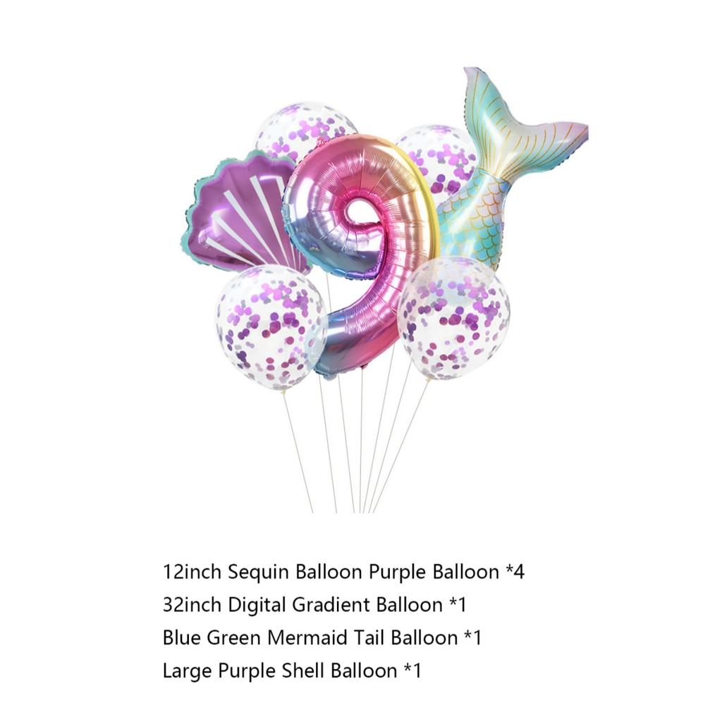 7Pcs/set Mermaid Party Number Balloons Gradient Color Number Foil Balloon Kids Little Mermaid Theme Birthday Baby Shower Party Decorations