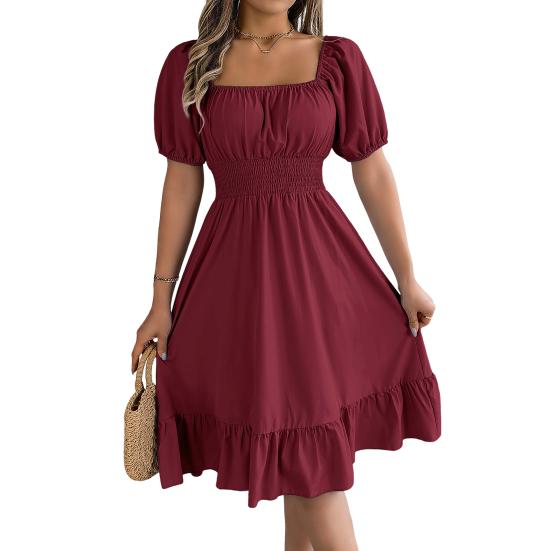 Sommerkleid für Damen, quadratischer Hals, A-Linie, schlank, hohe Taille, kurze Ärmel, gefaltete feste Farbe, Rüschen, Patchwork, Dating, OL, Pendeln, Midikleid