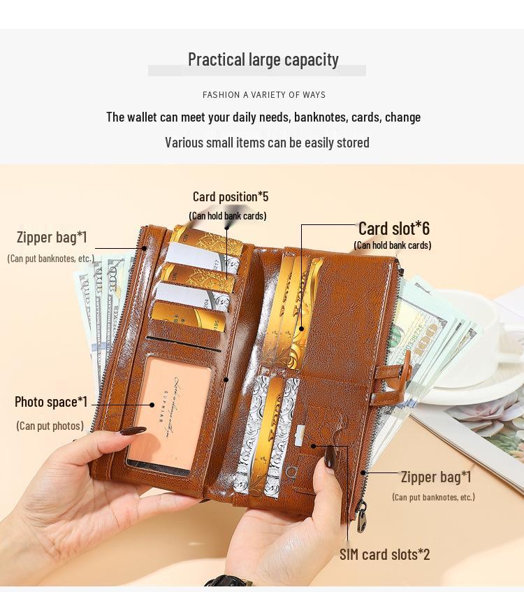 2025 RFID-Blocking Anti-Magnetic Women's Retro Oil Wax Leather Clutch/Long Wallet.