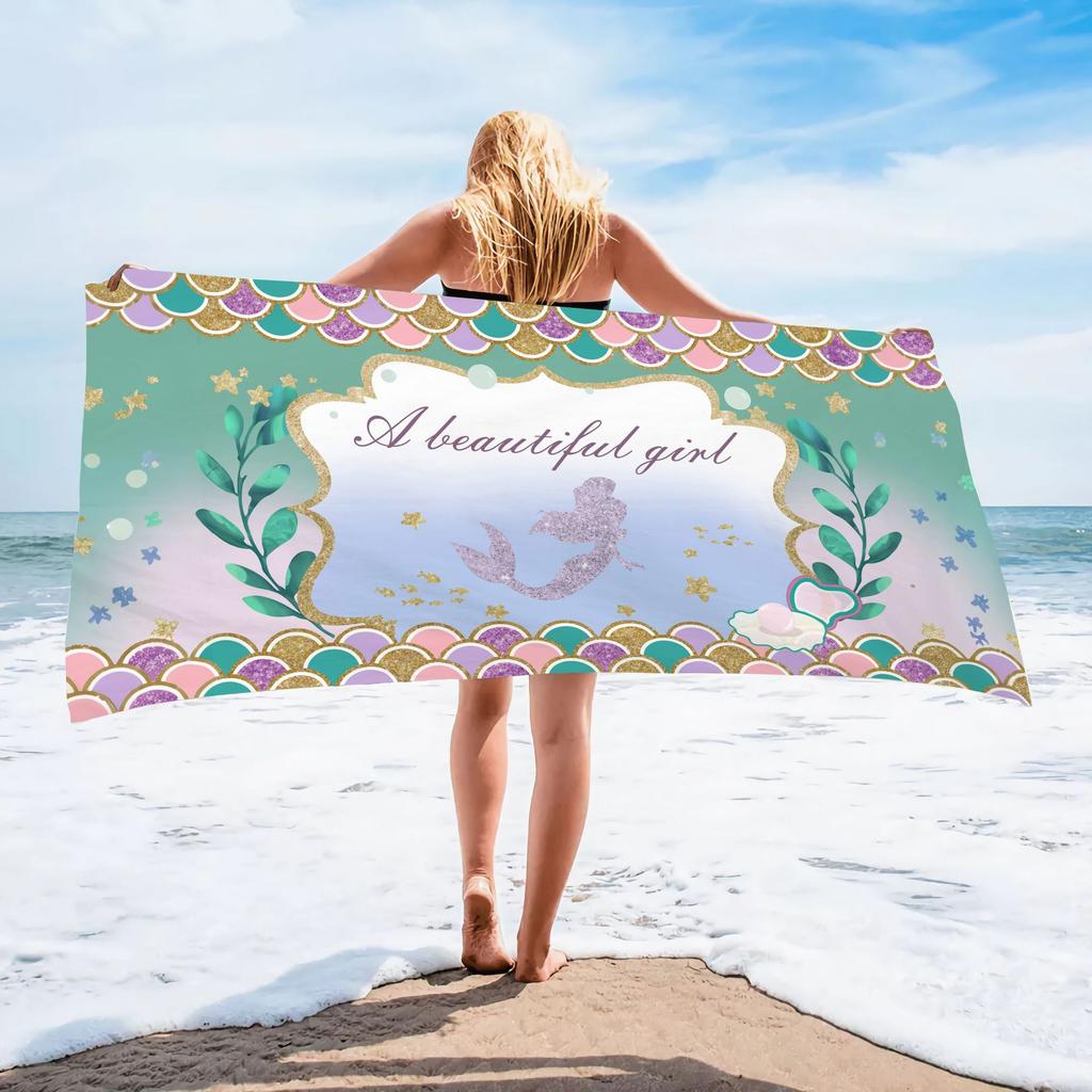 Children Girl Mermaid Beach Towel Purple Girls Seaside Quick-Drying Bath Towel Microfiber Towel Quick-Drying Pool