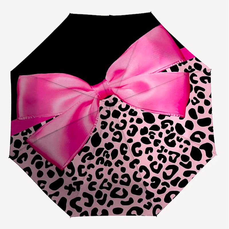1PC Pink Leopard Print Bow Umbrella-8-Rib Reinforced, Automatic Open, Lightweight & Durable, Fashion Accessory for Outdoor, H0365