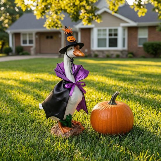 Goose Costume for Yard Display 1 Set Halloween Outfit, Lawn Festive Clothes with Pumpkin Spider Pointed Themed Hat, Porch 23 Inch Statue Outdoor