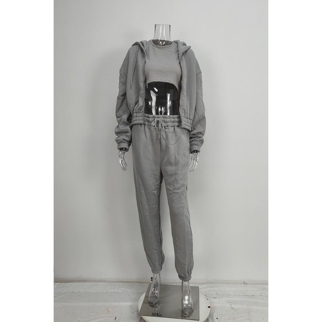 Spring and Autumn New Women's Clothing Solid Color, Simple Hooded Sweatshirt, Sports Casual Pants Three Piece Set