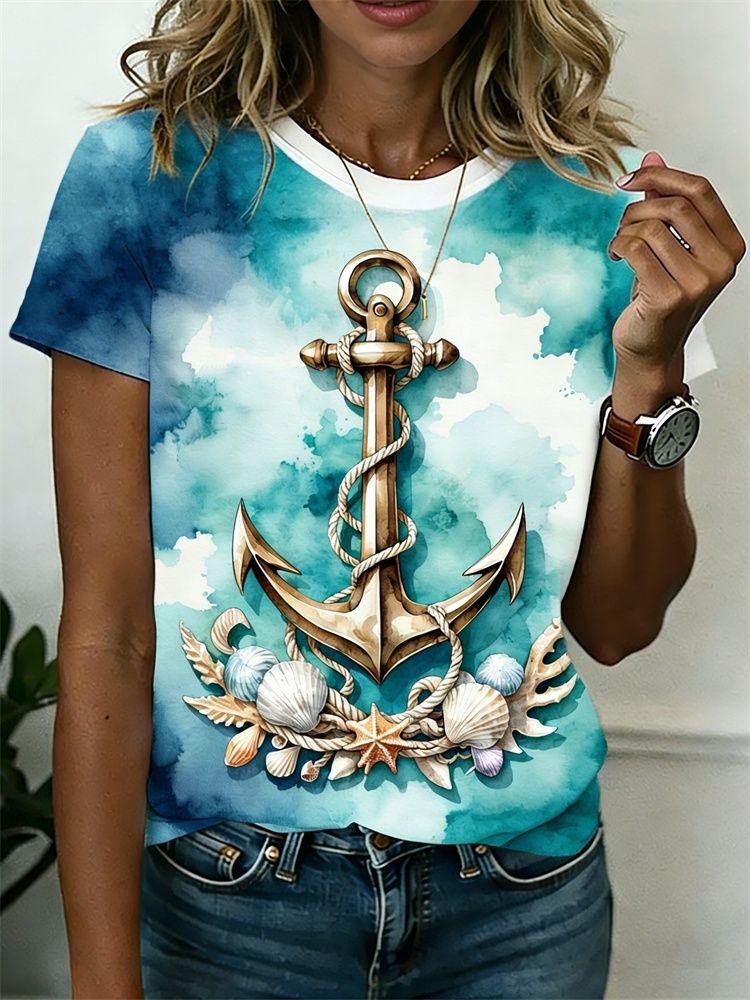 Summer Anchor Stripe 3D Print T-Shirts Women Casual Short Sleeve Round Neck T Shirt Harajuku Y2K Tees Top Female Street Clothing