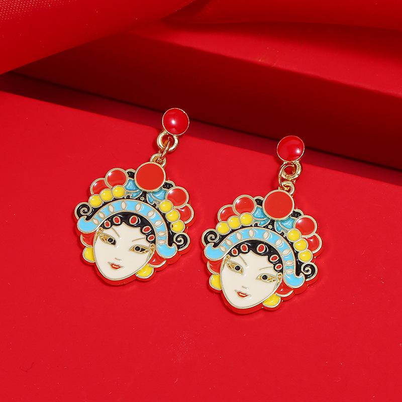 Chinese style knife and horse dan retro Peking Opera face mask earrings femininity long fringed stud earrings red trendy ear jewelry