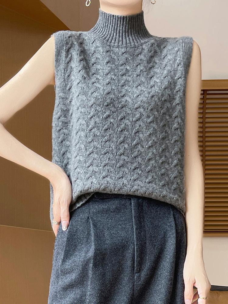 Women's 100% Pure Wool Half-Turtleneck Cable-Knit Sleeveless Sweater Vest for Autumn/Winter