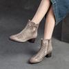Johnature Pointed Toe Pumps Breathable Hollow Boot Genuine Leather Retro Mid Heel Women's Shoes