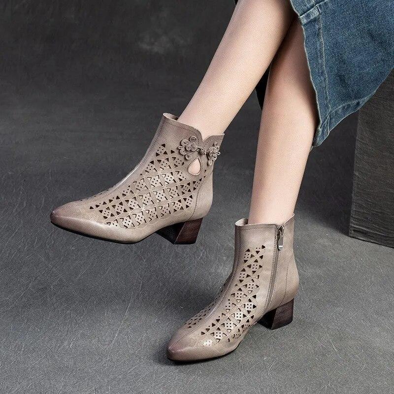 Johnature Pointed Toe Pumps Breathable Hollow Boot Genuine Leather Retro Mid Heel Women's Shoes