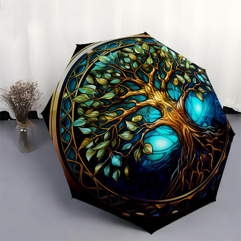 Stained Tree of Life Wall Art DecorUmbrella, Portable 3-Fold Compact Umbrella for Men & Women Gift