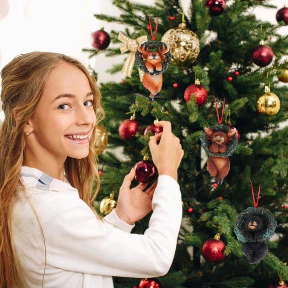 Resin Crafts Christmas Tree Pendant Cartoon Animals Mini Bear Statue Wreath  Room Decoration