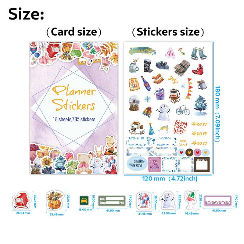 785Pcs Vintage Planner Decals Set Semi-Matte Paper Seals Reusable Irregular Shapes With 12 Month For Journaling English Language