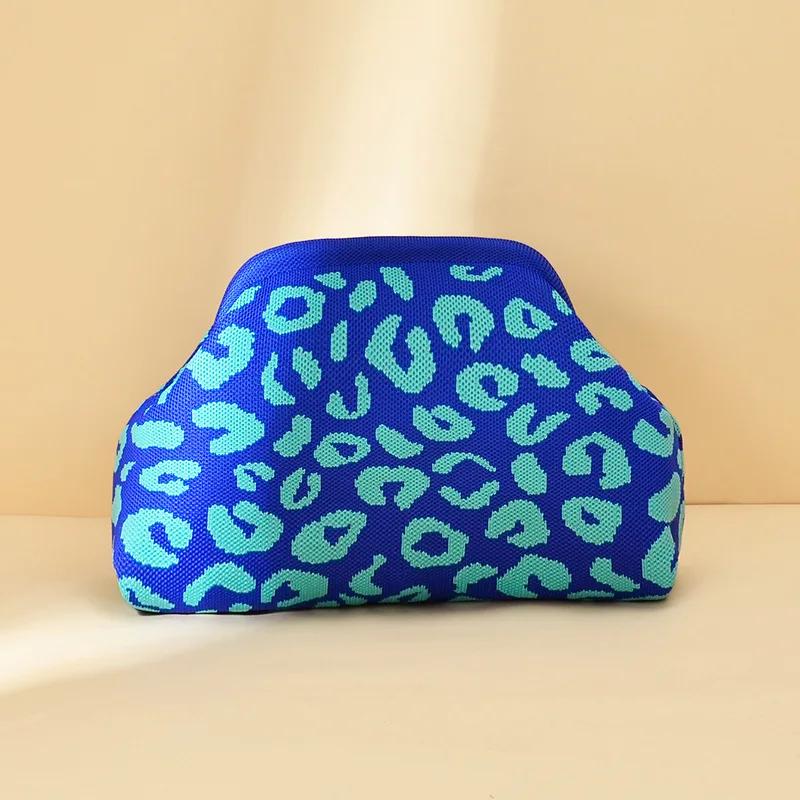

Leopard Print Knitted Clutch Bag Large Capacity Foldable Cloud Ruched Block Grid Clip Bag for Women Beach Crossbody Handbag