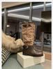 Cowhide version Ma Sichun same fashionable leather buckle with round head splicing thick heel knight boots women's boots stacked boots