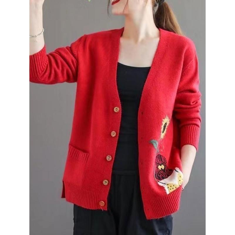 Women S Vintage V Neck Long Sleeve Knit Cardigan Loose Fit Thin Sweater Coat