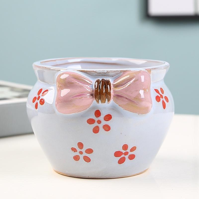 Niedlicher Blumentopf mit Schleife, Sukkulententopf, Keramik-Pflanzgefäß, Heimdekoration, Desktop-Ornamente, Bonsai-Blumentopf, Gartendekoration