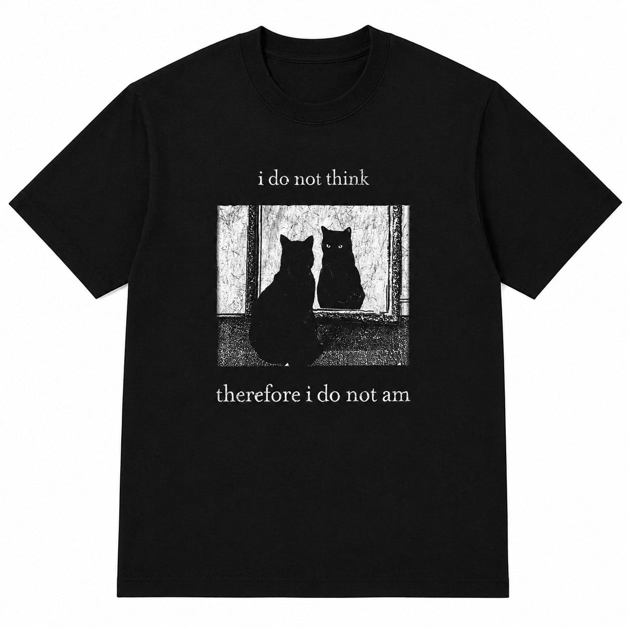 Funny Cat T-Shirt i do not think therefore i do not am Graphic Tee Men Black S