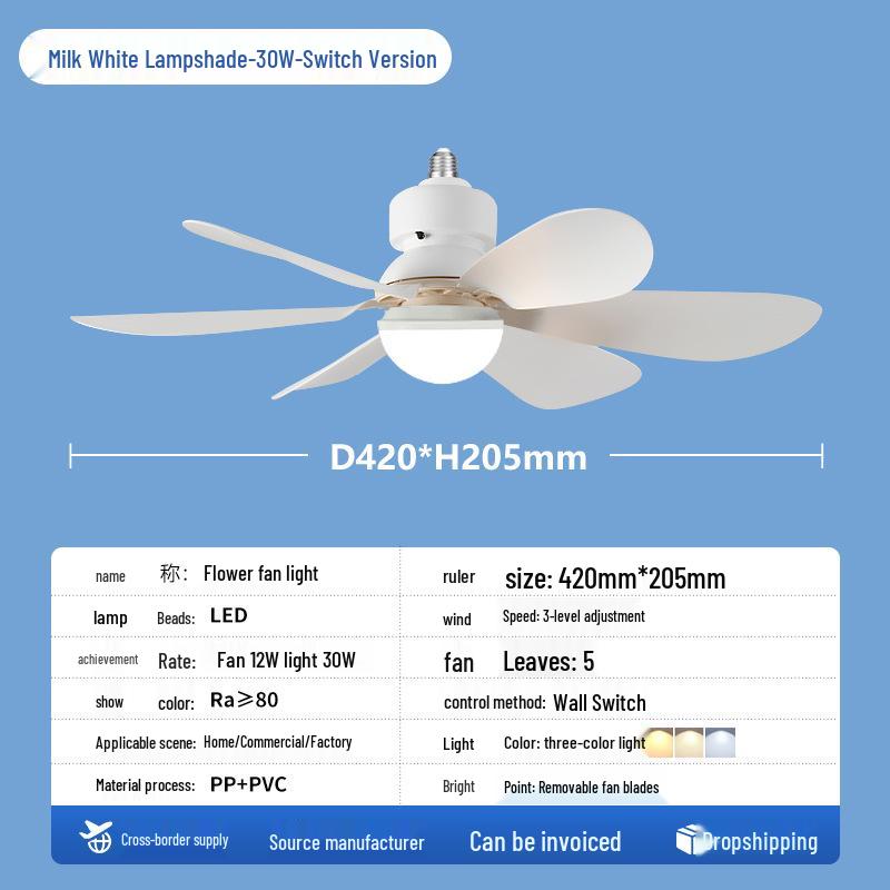 Ferngesteuerte LED-Blumen-Ventilatorleuchte mit E27-Sockel und stufenloser Dimmung für Zuhause