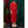Plus Size Women Solid Color High Waist V Neck 3 4 Sleeve Pleated Midi Dress