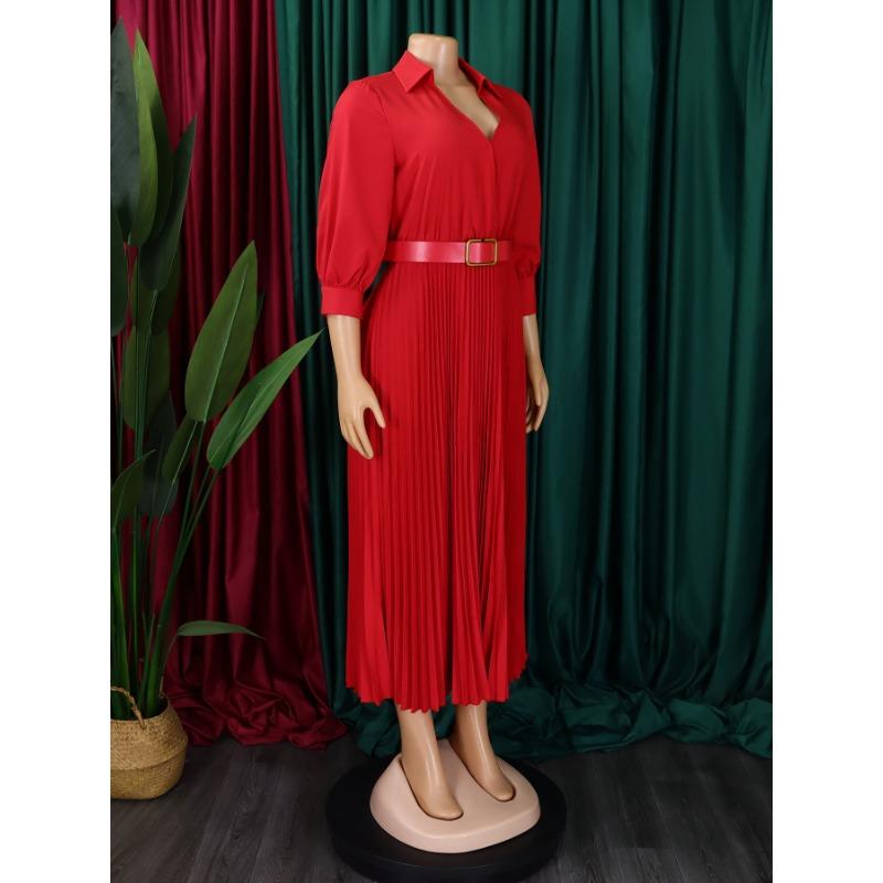 Plus Size Women Solid Color High Waist V Neck 3 4 Sleeve Pleated Midi Dress