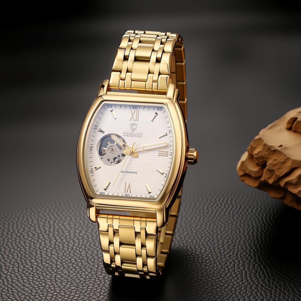 Men's Automatic Mechanical Watch 3ATM Waterproof Luminous Roman Analog Display Stainless Steel Adjustable Band Gold Fashion Accessory