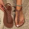Fashion Brown Ethnic Weave Straps Clip Toe Sandals Women 2025 Summer Bohemia Comfortable Flat Heels Shoes Vintage Back Straps Sandals