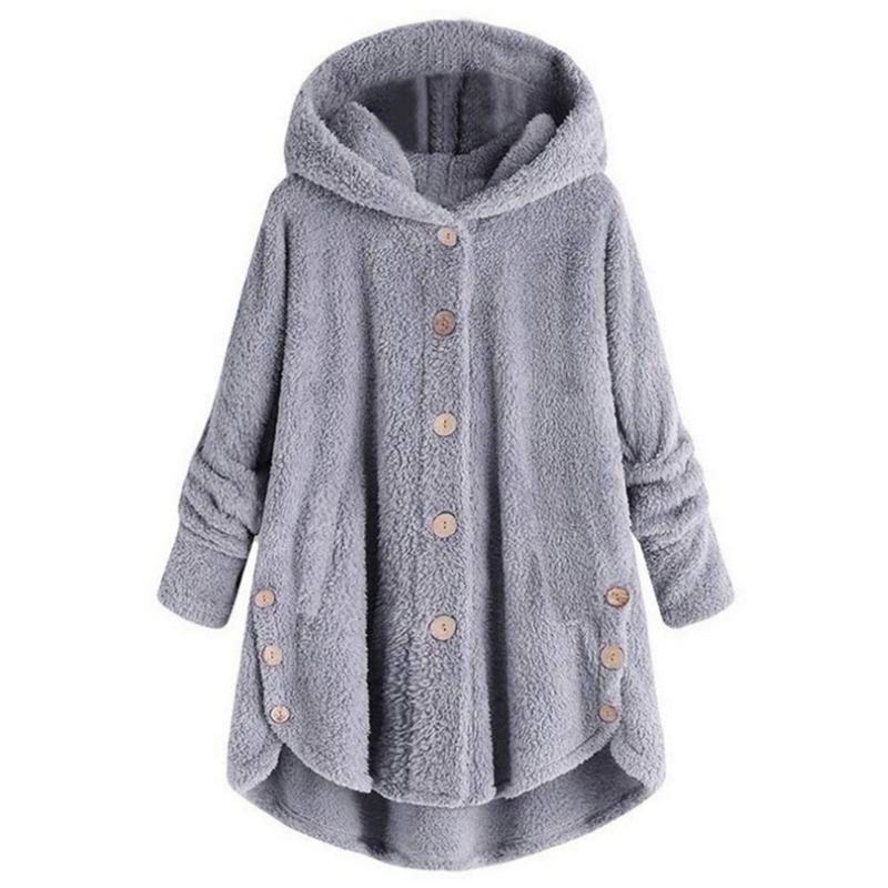 Cappotto da donna con bottoni, giacca con cappuccio in peluche a tinta unita