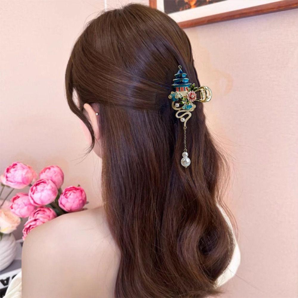 enamel Chinese Style Hair Claw Pearl Metal Shark Clip Cheongsam Design Hair Clip  Girls