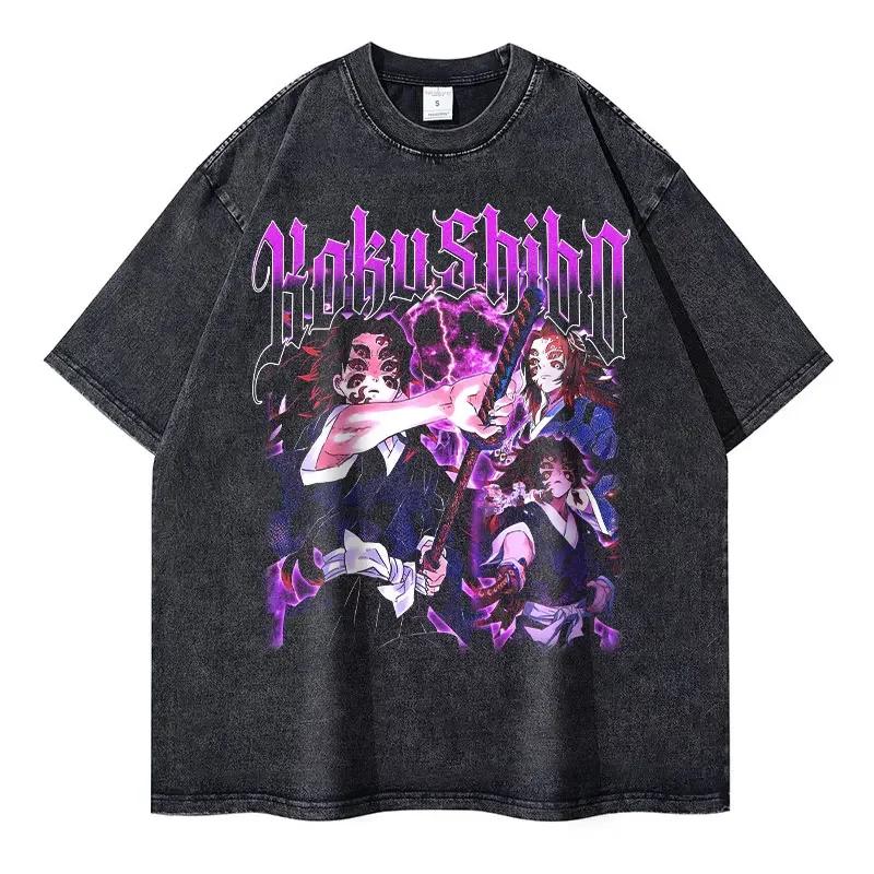 Nezuko T Shirts Vintage Washed Anime Kimetsu No Yaiba T-shirt Oversized Short Sleeve Demon Slayer Mitsuri Tokitou Tops Tees Men