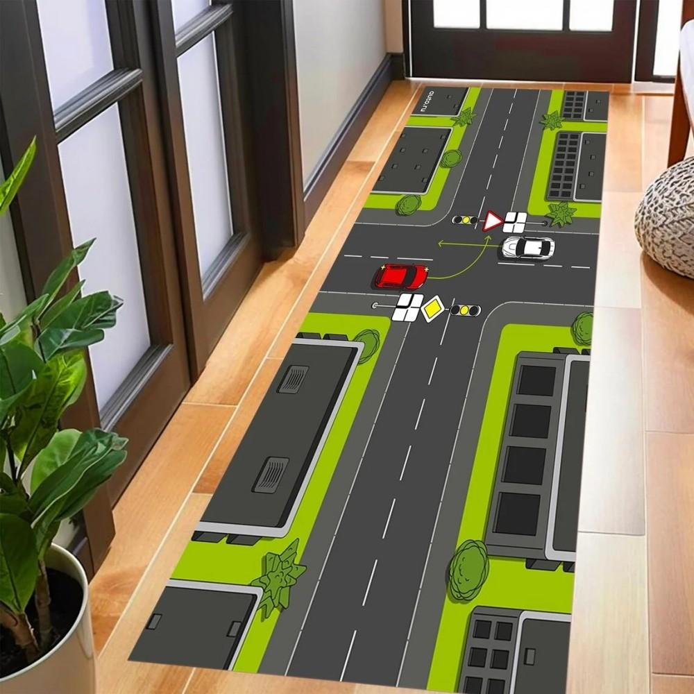 Children's Cartoon Airport Runway Rectangular Rug Non Slip Soft Washable Floor Mat for Kids Room Bedroom Playroom Home Decor