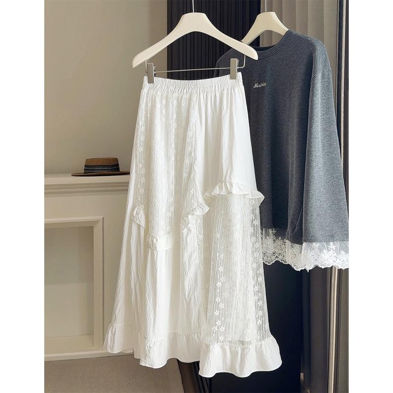 Spring New Irregular Lace Splicing Fungus Edge Skirt Women's High Waist and Thin Medium and Long A-shaped Umbrella Skirt