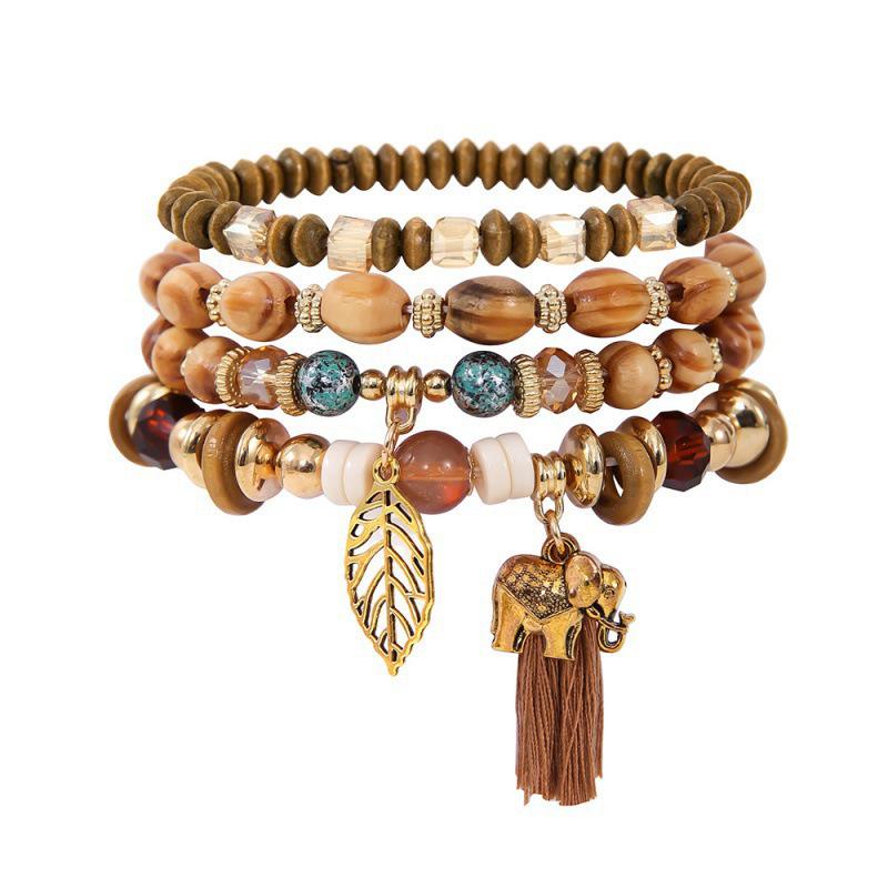 Boho Beaded Tree Leaf & Elephant Pendant Layered Tassel Bracelet