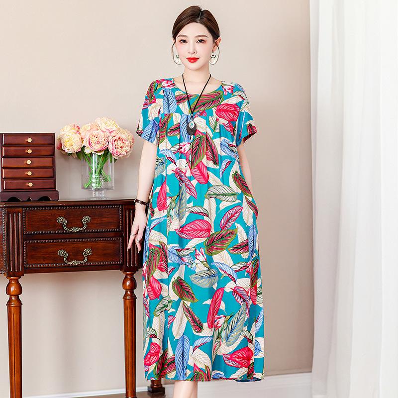 2 Neues hochwertiges florales Baumwoll-Seiden-Kleid für Damen-Sommer-Temperament, Bauchbedeckung für Mütter, große Größe künstliche Baumwolle langer Rock