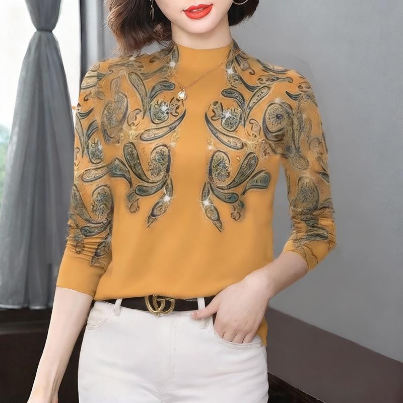 Women's Floral Print Fleece-Lined Slim-Fit Top with Semi-High Collar and Long Sleeves – Ideal for Middle-Aged and Elderly Moms.