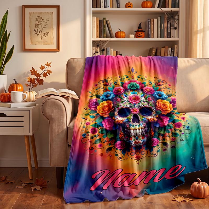 Flowers Skull Custom Flannel Blankets Soft Warm Cozy Throws for Home Decor Holiday Gifts