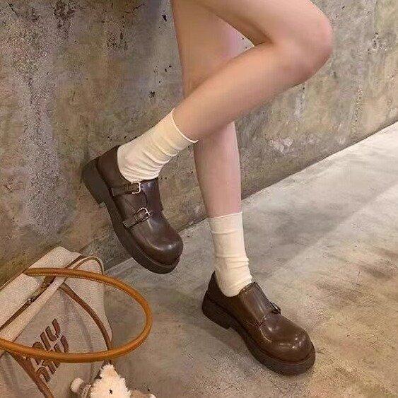 Leather platform casual double buckle with round head one pedal ugly cute versatile retro British style big head leather shoes women