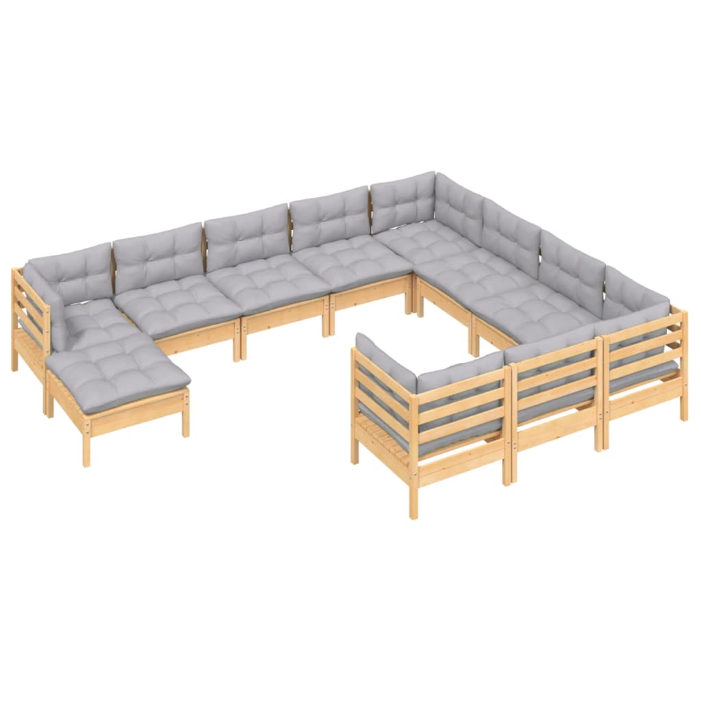 Vidaxl 11-Cz. Garden Lounge Set, Grey Cushions, Pine
