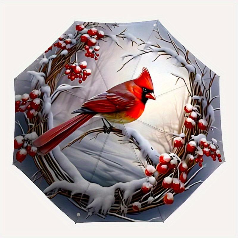 

1pc Winter Cardinal Wreath Automatic Opening/closing Umbrella with Auto Open/Close, Windproof, Foldable Sunshade yy250811185