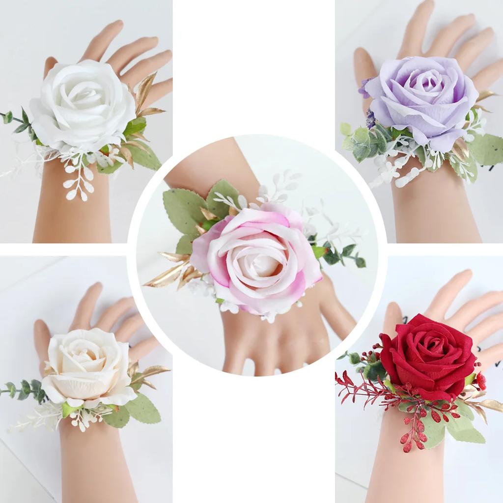 6pcs White Pink Corsage and Boutonniere Set Artificial Rose Wristlet Suit Flower for Men Wedding Party Prom Decoration