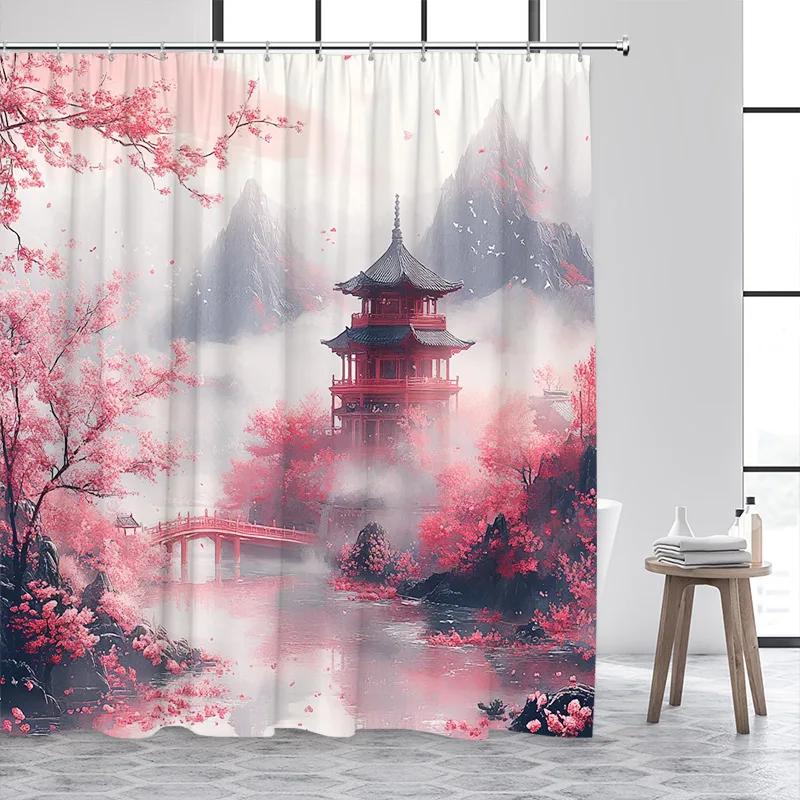 Japanese Style Shower Curtain Town Architecture Arch Bridge Pink Cherry Blossom Sunset Mountain Landscape Bathroom Curtain Decor