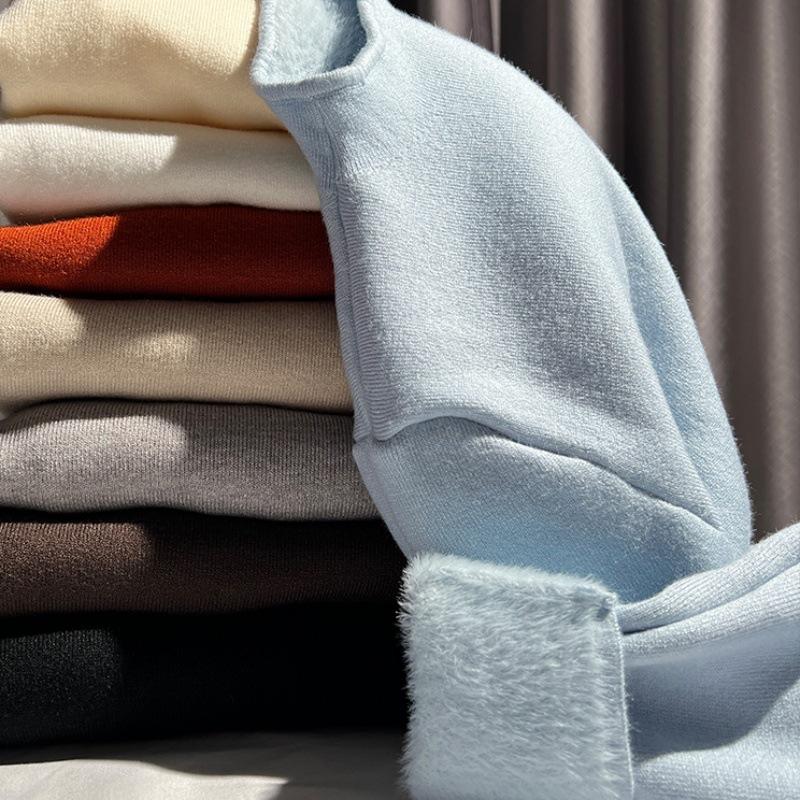 Thickened warm integrated fleece semi-turtleneck knitted sweater women's spring soft waxy inner bottoming shirt solid color top