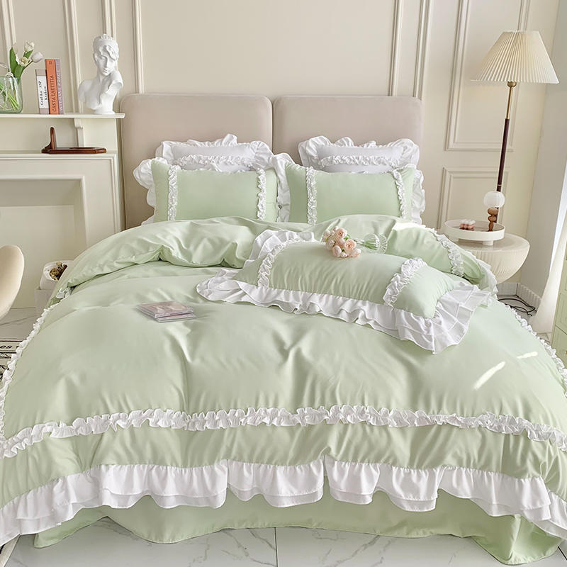 Korean Princess Lolita Bed 4-Piece Set Solid Washed Cotton Breathable Bed Sheet Duvet Cover Bedding Set with Lace