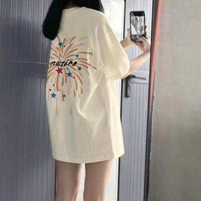 Ladies Summer Short Sleeve Round Collar Casual Teenager Pullover Oversize Letter Star Printed Cotton T Shirt Top