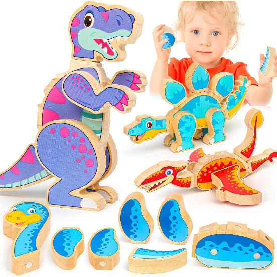 Dinosaur Toys for Kids 3-5,Wooden Magnetic Dino Take Apart Building Blocks Toys for Fine Motor Skills & Creative Play,Easter Basket Stuffers for