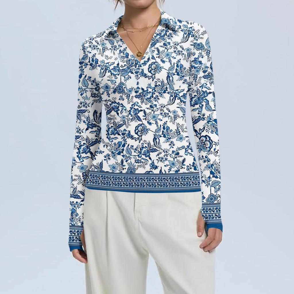 Women's Fashion Casual Print V-Neck Long Sleeve Button-Down Top