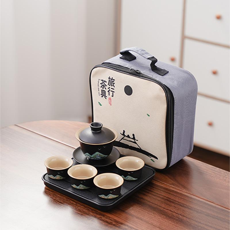 Black Pottery Travel Kung Fu Tea Set Portable Household Outdoor Ceramic Tea Pot Drinking Tea Cup Dry Brewing Plate Small Set