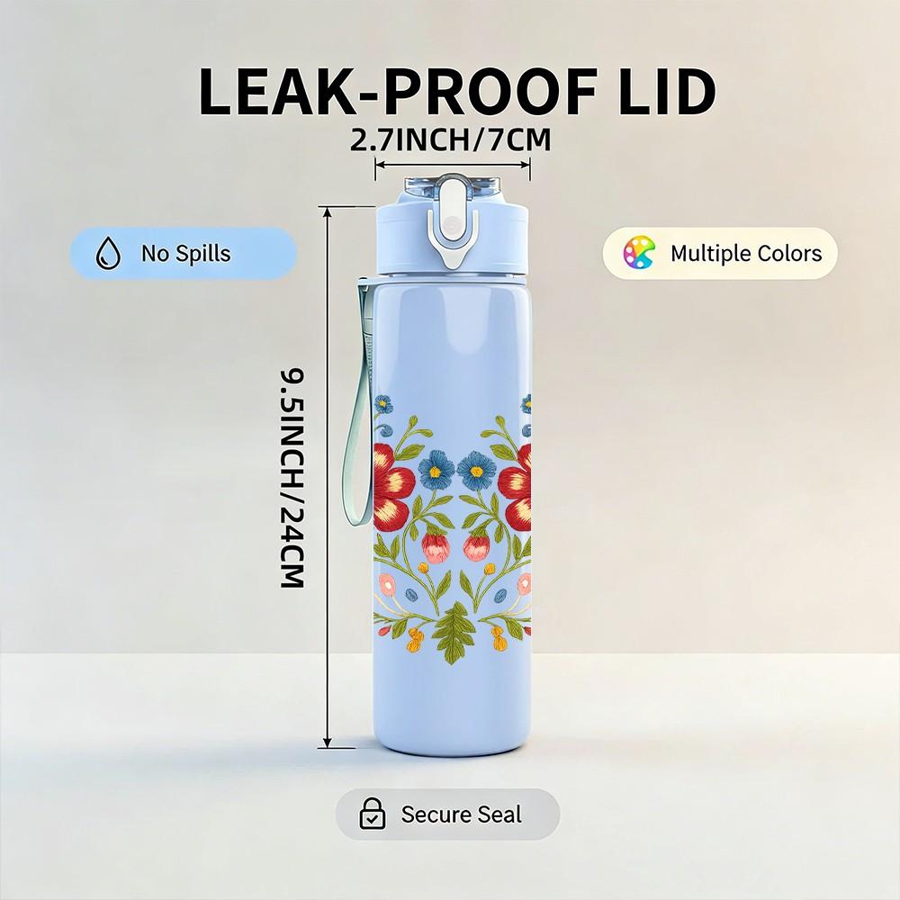 1PC Folk Floral Heart Garland 750ml Color Plastic Sports Water Bottle Leakproof Flip Straw Lid Suitable for Sports Office Home Use