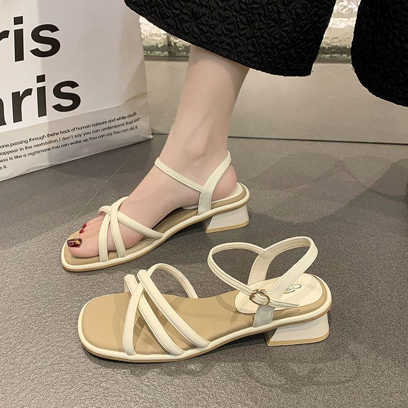Sandals women's summer 2025 new fashion fashion one-line belt with mid-heel thick heel fairy style with skirt Roman women's shoes